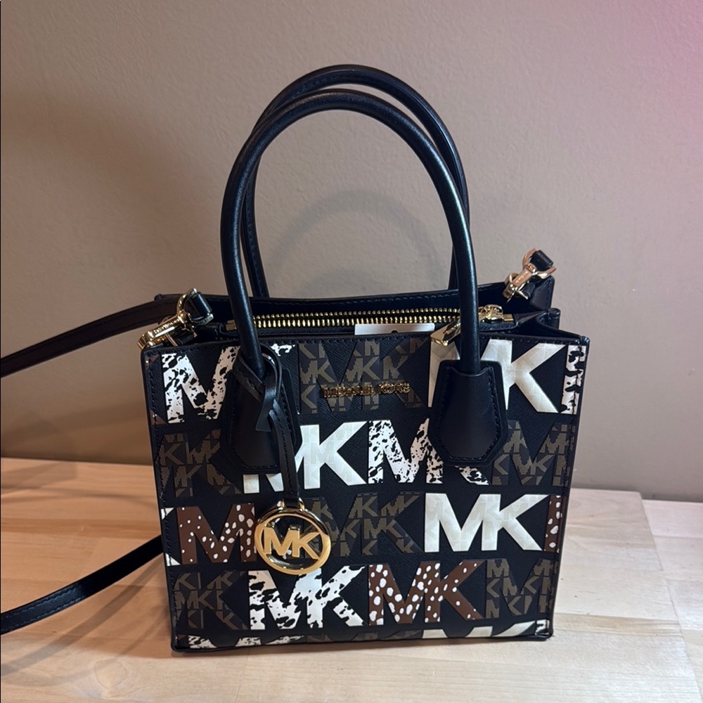Michael Kors Black and Brown Satchel / Crossbody with Logo Print